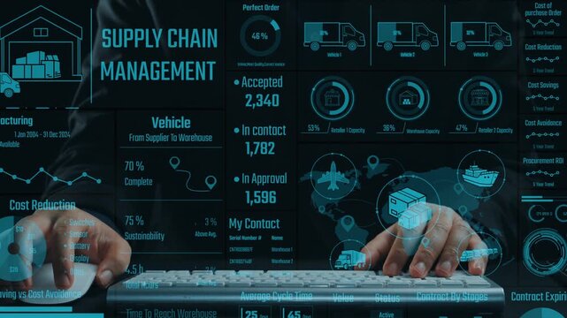 Explore an advanced supply chain management interface showcasing vehicle data, warehouse efficiency, and key logistics metrics for improved business operations. Cipher