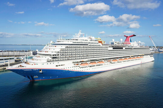 A view of the entire Carnival Vista cruise ship leaving the port in Port Canaveral, Florida on December 27, 2025.