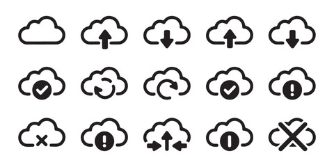 Obraz premium Cloud synchronization and file transfer icons set with arrows and marks for web interface design use.