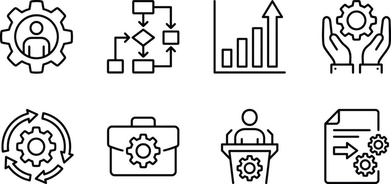 Set of eight black line featuring business concepts including human resources flowchart growth chart gear in hands cycle briefcase speaker at podium and document processing with gears