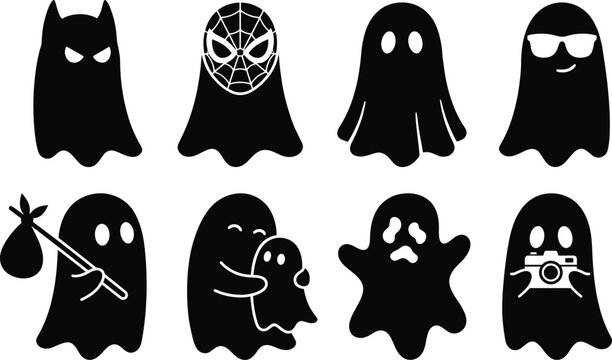 Set of eight black ghost silhouettes featuring various characters and accessories including a superhero mask a camera a bindle and a parent ghost holding a small child ghost on a white background