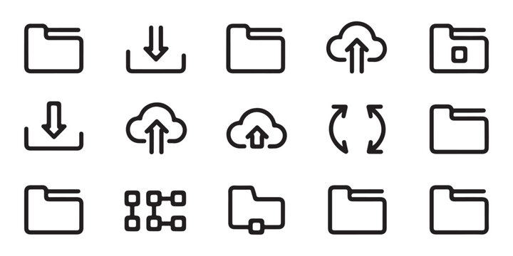 File directory management and cloud upload download outline icons for document organization software.