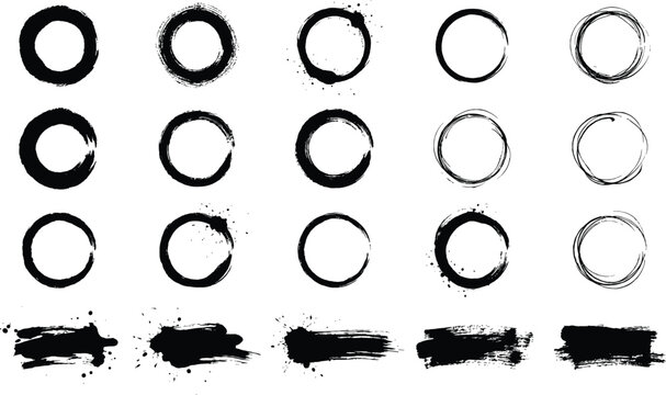 Set of fifteen black ink brush stroke circles and five horizontal rectangular paint smears with splatters and rough textures on a white background