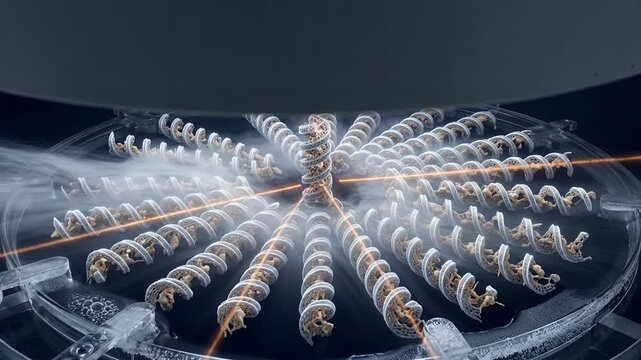 High-tech 3d concept of a quantum computer circular core with orange laser beams energy pulses and foggy atmosphere on dark background with glow