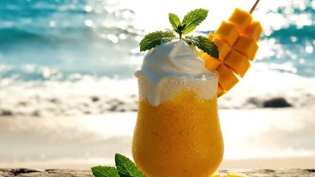 Refreshing Mango Smoothie Drink with Whipped Cream and Mint on a Tropical Beach