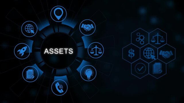 Digital assets animation loop neon cryptocurrency on dark background