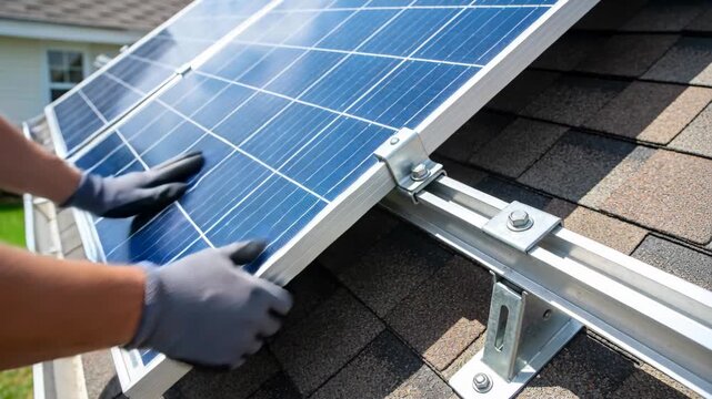 Professional installer wearing gloves mounting a blue solar panel onto a metal rail on a roof.
