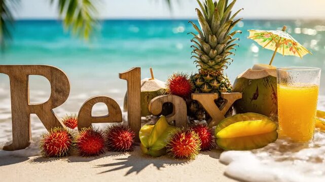 Relaxation Beach Setup with Tropical Fruits, Wooden Letters, and Blue Ocean Waves