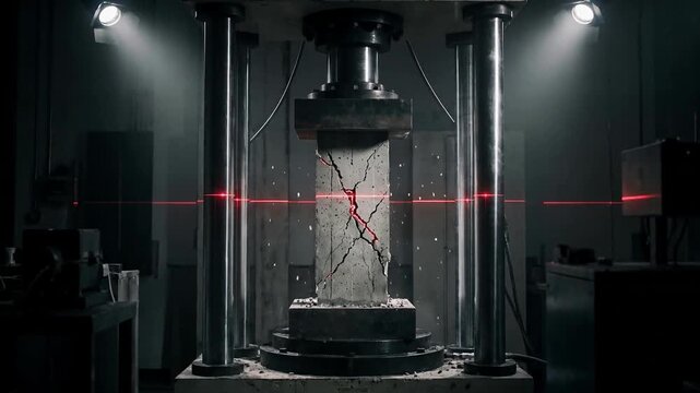 A massive hydraulic machine applies immense pressure to a concrete block, causing cracks and debris while red lasers perform precision scanning
