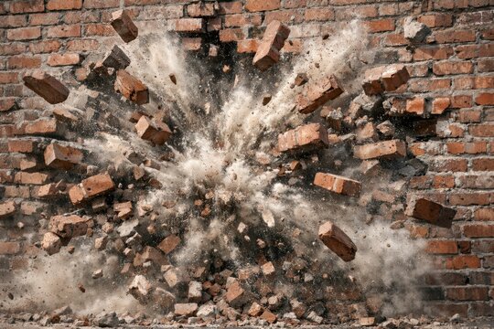 Exploding brick wall with debris flying dynamic impact destruction scene construction demolition power