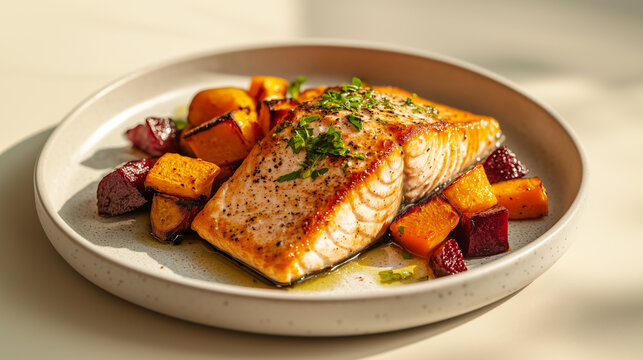 Seared salmon fillet presented with gourmet geometric plating of charred root vegetable and herb oil