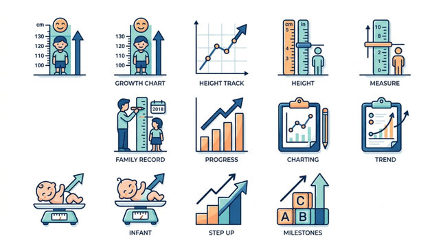 Collection of growth charts and statistics icons representing progress and development.