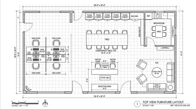 Architectural floor plan drawing of a modern office space layout.