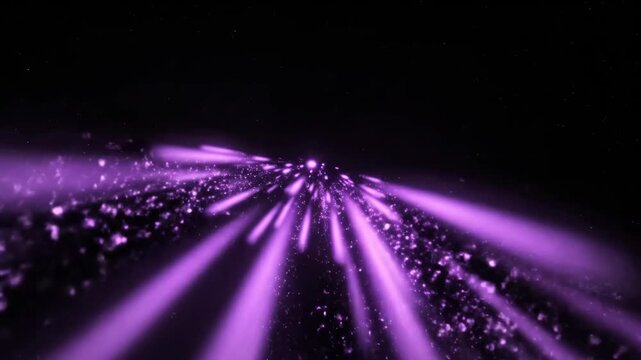 Abstract animation of fast-moving purple light streaks and glittering particles in a dark cosmic environment.