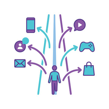 Digital distraction pull, attention scatter, multitasking overload, focus management session, productivity coaching, mindfulness practice, balance workshop, modern icon illustration vector