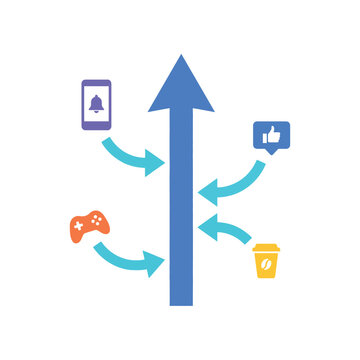 Choose focus direction, central growth arrow, ignore noise, social app distractions, clarity session, leadership coaching, strategy workshop, modern vector illustration