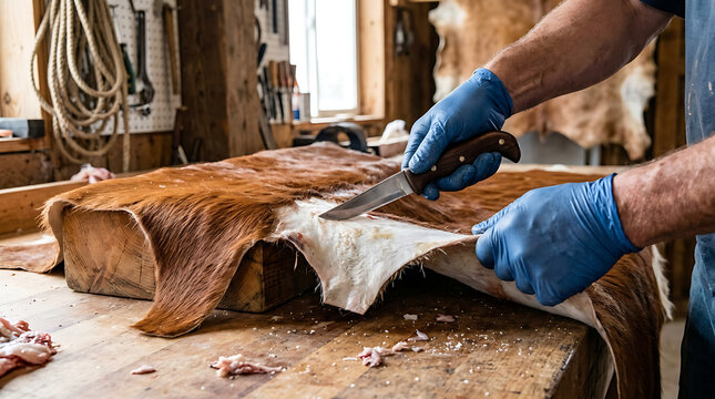 Man cutting animal hide on wooden table in workshop environment