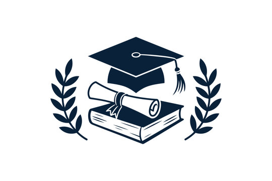 Black and white graduation cap and diploma on book with laurel branches
