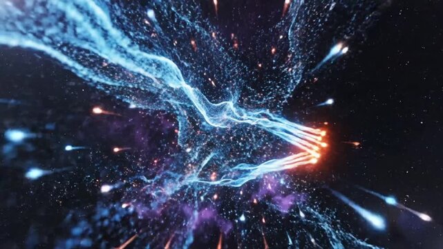Cosmic triple star system with glowing nebulae and energetic trails