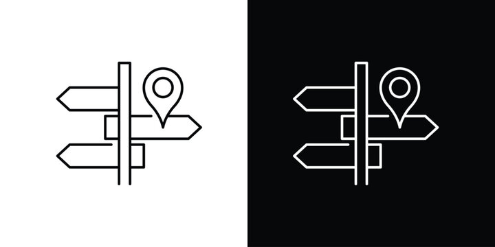 Single icon of signpost indicating multiple directions with a location pin for navigation and travel