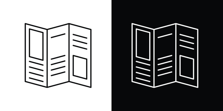Single icon of two tri-fold brochures are shown side-by-side in line art on a white and black background