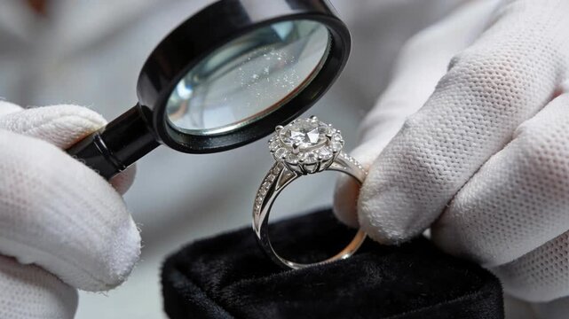 Jeweler in white gloves, holding a magnifying glass, inspecting a diamond ring in close-up.
