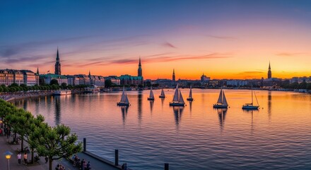 Fototapeta premium Scenic Sunset Over Bremen Cityscape with Sailing Boats.