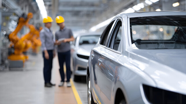 Automotive Production Line With Workers Overseeing Robotic Assembly