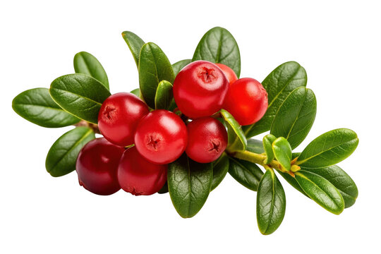 Fresh ripe red lingonberries or cranberries with green leaves isolated on transparent background