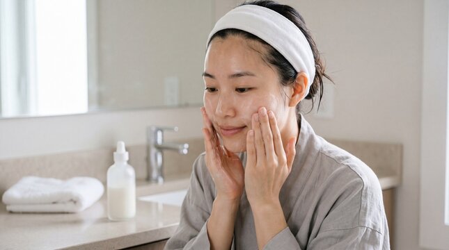 Asian woman skincare cleansing bathroom morning routine gentle healthy skin self care facial cleanser relaxation headband natural light