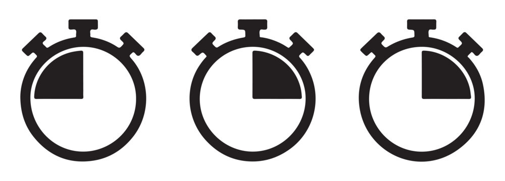 Set of three stopwatch icons featuring quarter time intervals for precise measurement and timing tasks.