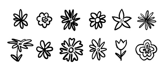 Naklejka premium Hand drawn doodle flowers set. Black brush stroke flower drawing collection. Naive crayon floral sketch bundle. Kid pastel or chalk scribble elements. Spring and summer kindergarten pack. Vector
