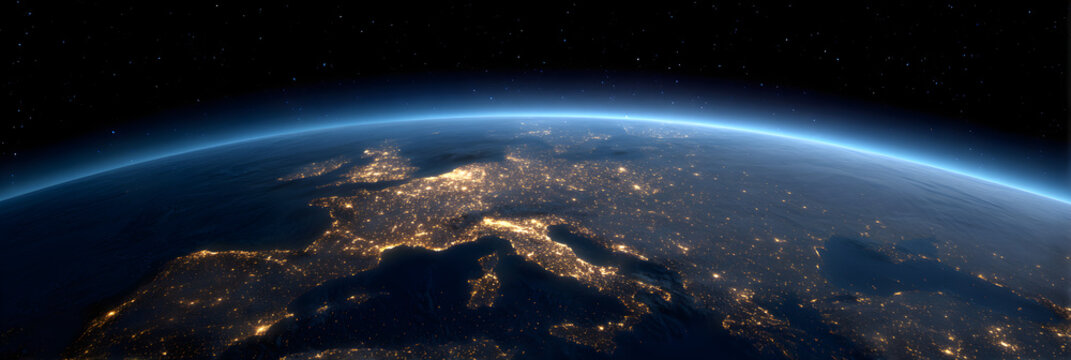 Illuminated Earth From Space Showing European Continent At Night
