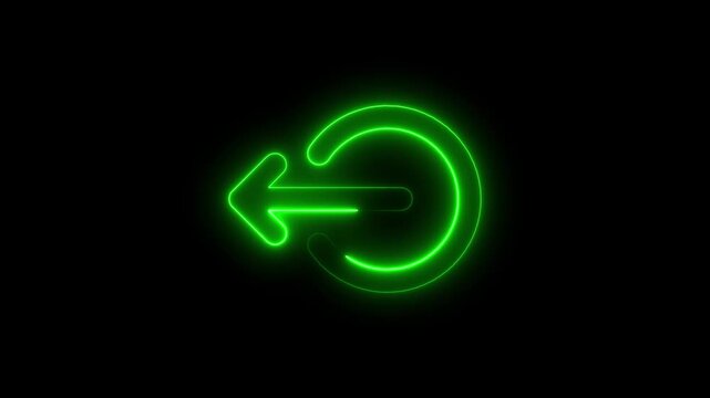 Green neon refresh loading symbol arrow rotating clockwise on black background technology concept