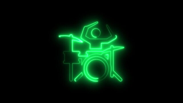 Neon Green Drummer Kit Drum Set Glowing Outline on Black Background Music Symbol