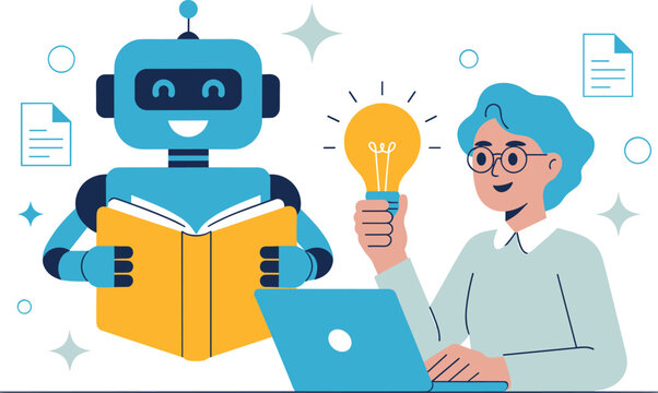 A modern flat vector illustration featuring a smart robot reading a book and a person with an idea, representing artificial intelligence learning, human collaboration, and innovation