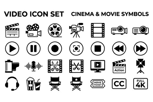 Video icon set of cinema and movie symbols, black linear film production graphics, 28 professional media player and theater elements for web design