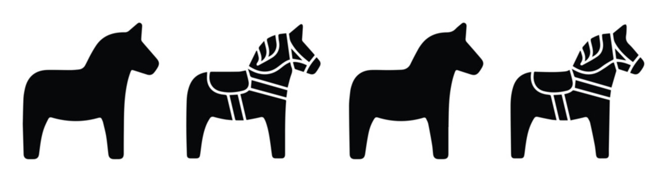 Scandinavian Dala horse vector icons set, traditional Swedish folk art horse silhouettes, black wooden toy horse graphics for Nordic design