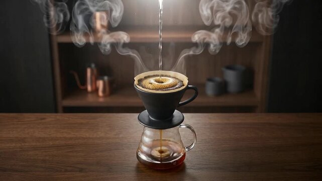 Close up of hot water pouring into a ceramic dripper with rising steam and fresh coffee dripping into a glass carafe on a rustic wooden bar counter
