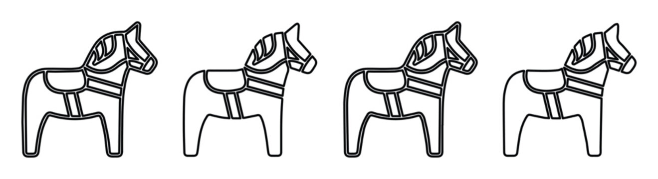 Scandinavian Dala horse icons, set of 4 minimalist Swedish wooden horse line art vectors, traditional folk art horse symbols for branding