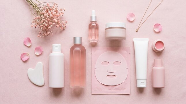 Skincare product set facial mask serum cream lotion toner dropper bottle tube pink background flat lay feminine beauty wellness relaxation