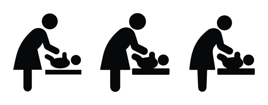 Baby changing station icon set, black silhouette of mother nursing infant, nursery room signage symbols for public restrooms and parenting facilities