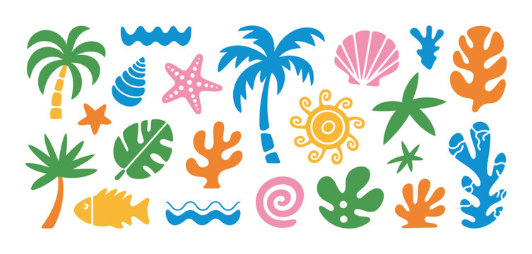 Abstract sea ocean vacation elements in modern wavy groovy naive style, vintage trendy template design, fluid shapes, summer beach theme, bold colorful vector, high quality professional detailed.