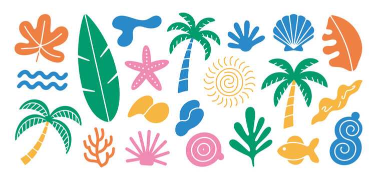 Abstract sea ocean vacation elements in modern wavy groovy naive style, vintage trendy template design, fluid shapes, summer beach theme, bold colorful vector, high quality professional detailed.