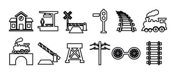 Railway and train station line icons set, 12 minimalist transport vector elements, steam locomotive and railroad infrastructure symbols for logistics design © Muhammad