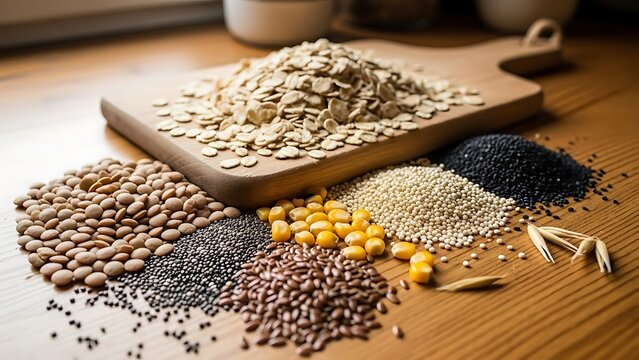 Variety of grains and seeds on wooden table