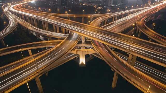 Dramatic night long exposure of a soaring multi-tier highway overpass junction featuring illuminated traffic lanes and complex urban infrastructure