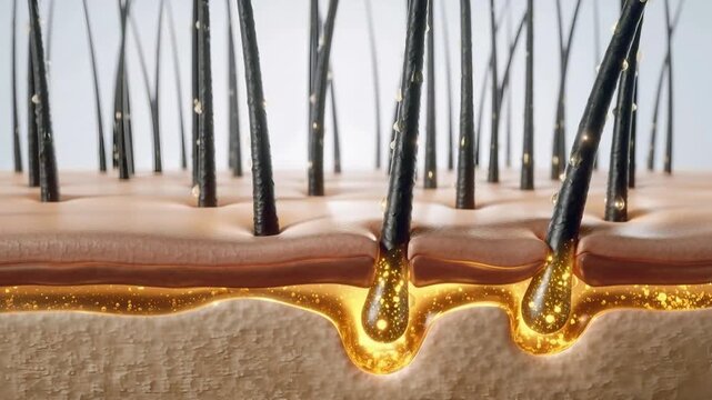 Microscopic view of healthy hair follicles under the skin with nourishing serum close-up cross-section view of roots and beneath the skin a golden nutrient-rich