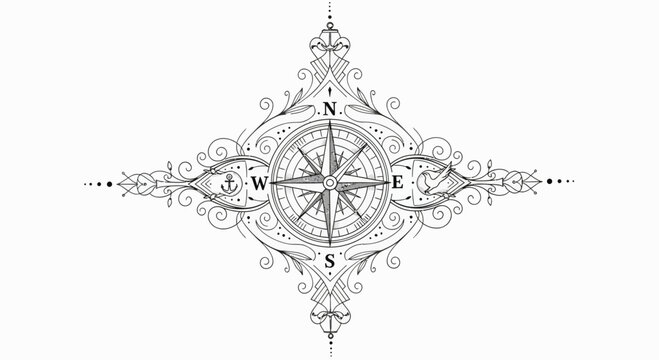 Vintage Compass Rose with Ornate Swirls and Anchor