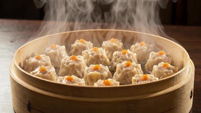 Close-up of fresh dim sum dumplings served in a classic bamboo steamer, featuring visible hot steam rising against a dark rustic background
